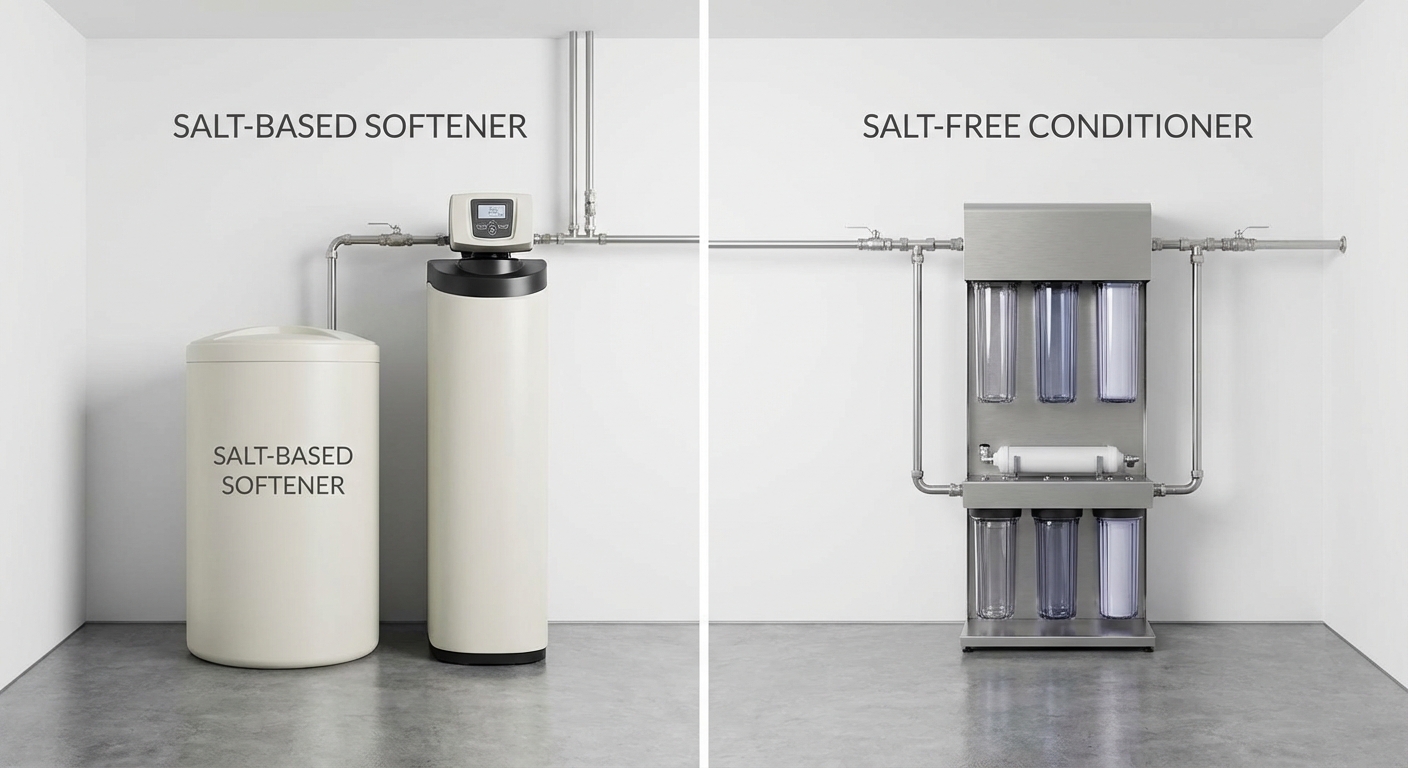 Side-by-side comparison of salt-based water softener and salt-free water conditioner systems
